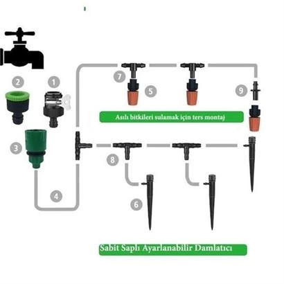 15 Metre Bahçe Damlama Sulama Sistemi Seti Hortum Ve Ek Parçaları