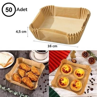 50 Adet Air Fryer Pişirme Kağıdı Tek Kullanımlık Hava Fritöz Yağ Geçirmez Yapışmaz Kare Tabak Model ( Lisinya )