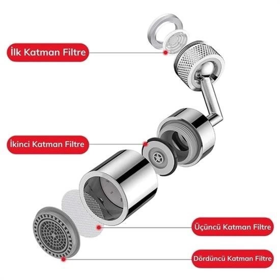 720 Derece Dönebilen 4 Filtreli Tüm Musluk Tipleri İle Uyumlu Montaj Aparatlı Musluk Başlık