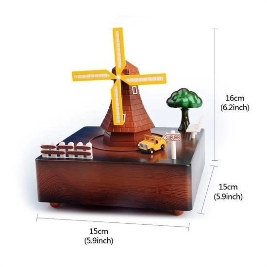 Dekoratif Mandallı Kurmalı Hareketli Arabalı Sesli Değirmen Müzik Kutusu