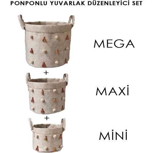 Katlanabilir Çok Amaçlı Ponponlu Yuvarlak Düzenleyici Saklama Kutusu Organizer Keçe (mini Boy) - 03785 ( Lisinya )