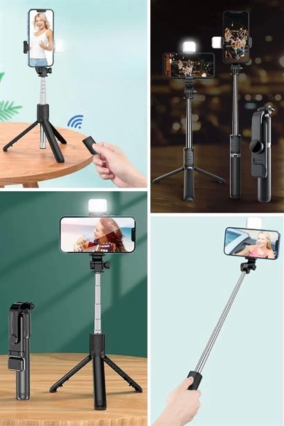 Kendiliğinden Işıklı Masaüstü Tripod Olabilen Telefon Tutuculu Kablosuz Kumandalı Selfie Çubuğu