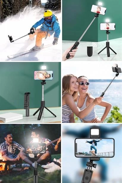 Kendiliğinden Işıklı Masaüstü Tripod Olabilen Telefon Tutuculu Kablosuz Kumandalı Selfie Çubuğu