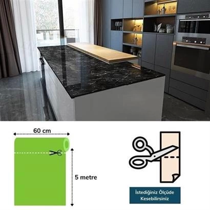 Mermer Desenli Masa Tezgah Mutfak Su Geçirmez Yapışkanlı Folyo Sticker Siyah 5x0,6m ( Lisinya )