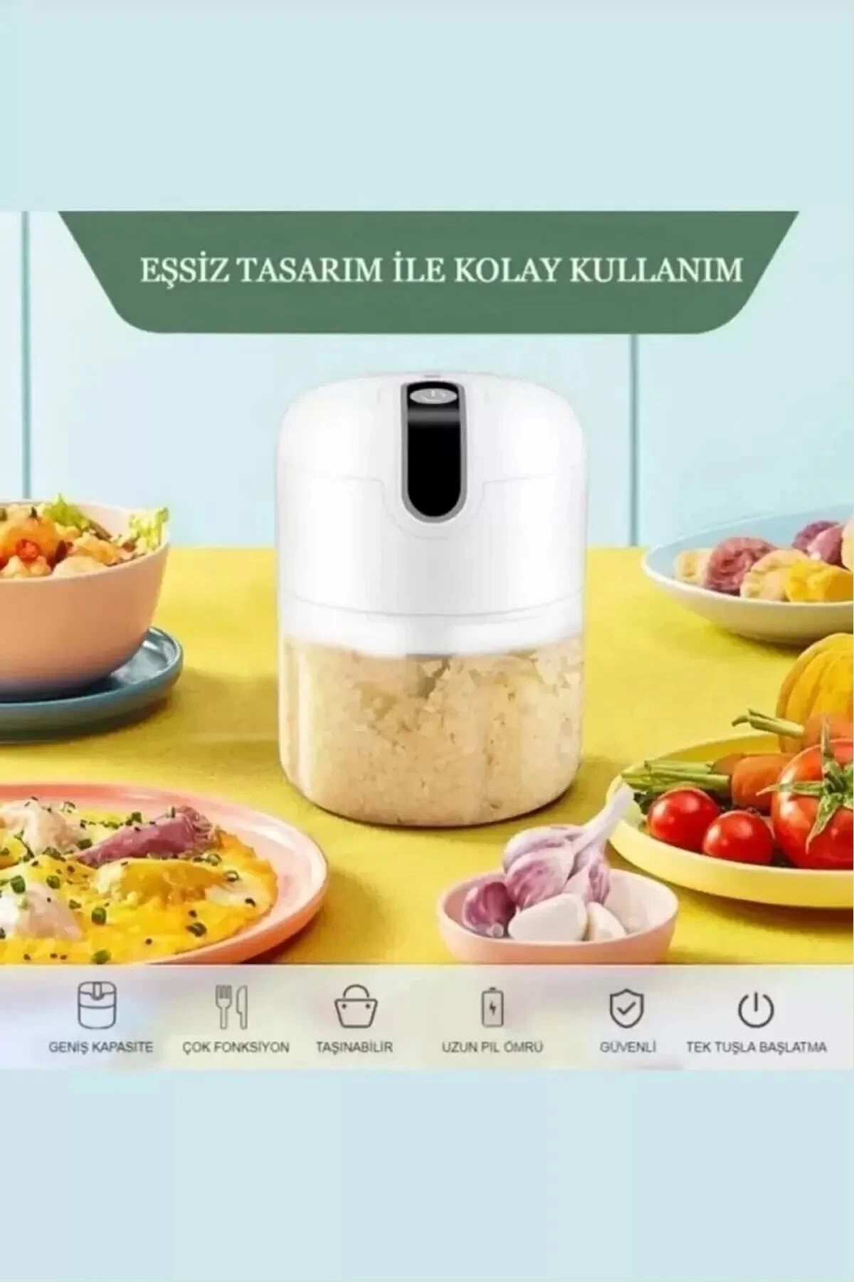 Pratik Mini El Rondosu Şarjlı Çelik 3 Bıçaklı 250 Ml Mutfak Robotu Hazneli Rondo Sebze Et Doğrayıcı Rende ( Lisinya )