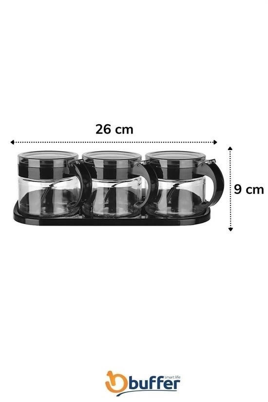  siyah 3lü Standlı Kapaklı Kaşıklı Cam Hava Sızdırmaz Baharatlık Takımı Kc-386