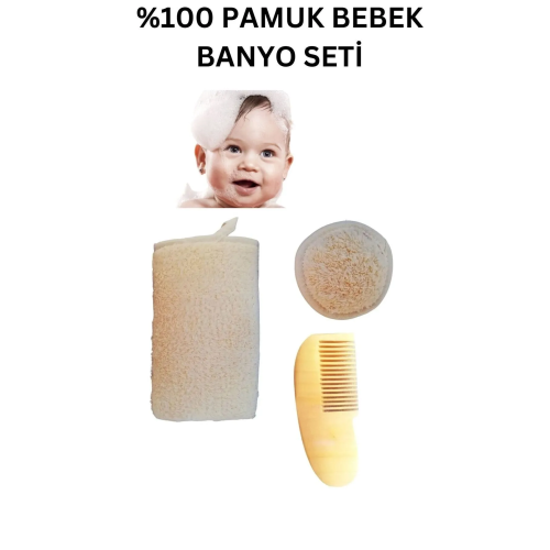 %100 Doğal Pamuk Bebek Banyo Lifi, Doğal Pamuklu Bebek Yüz Lifi, Bebek Limon Ağacı Ahşap Tarak Set - Lisinya