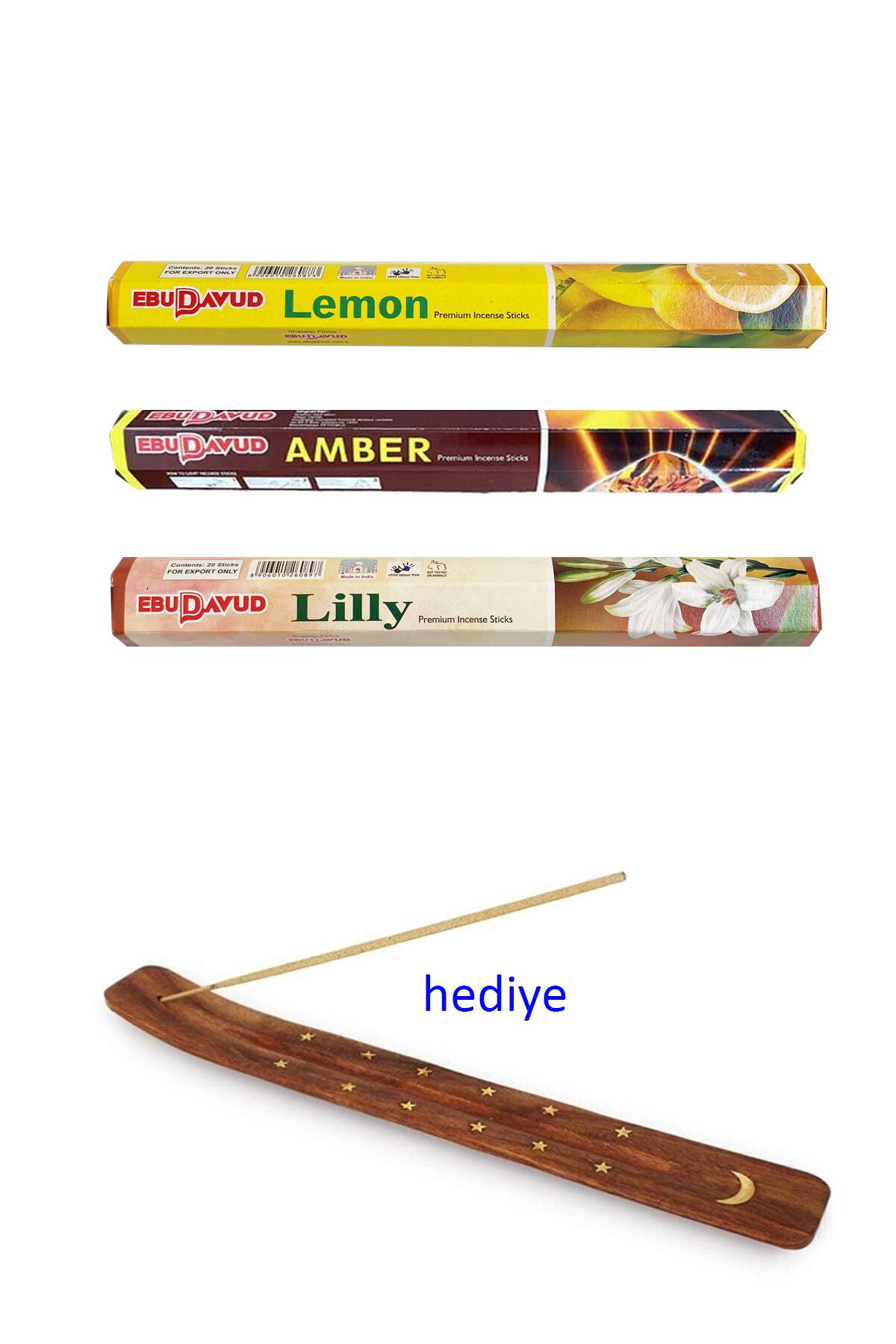 3 Paket 20 Çubuklu Tütsü Limon - Amber - Lilly - Kayık Hediyeli - Lisinya