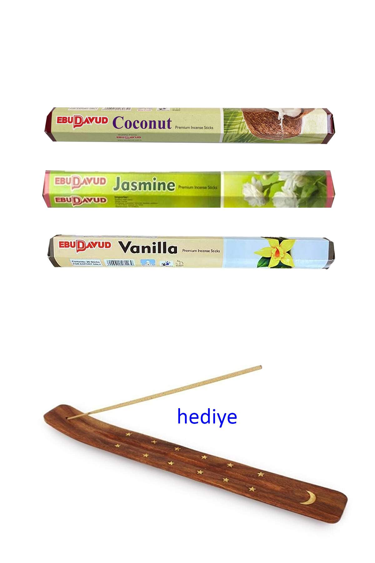 3 Paket 20 Çubuklu Tütsü Jasmine - Coconut - Vanilla - Kayık Hediyeli - Lisinya