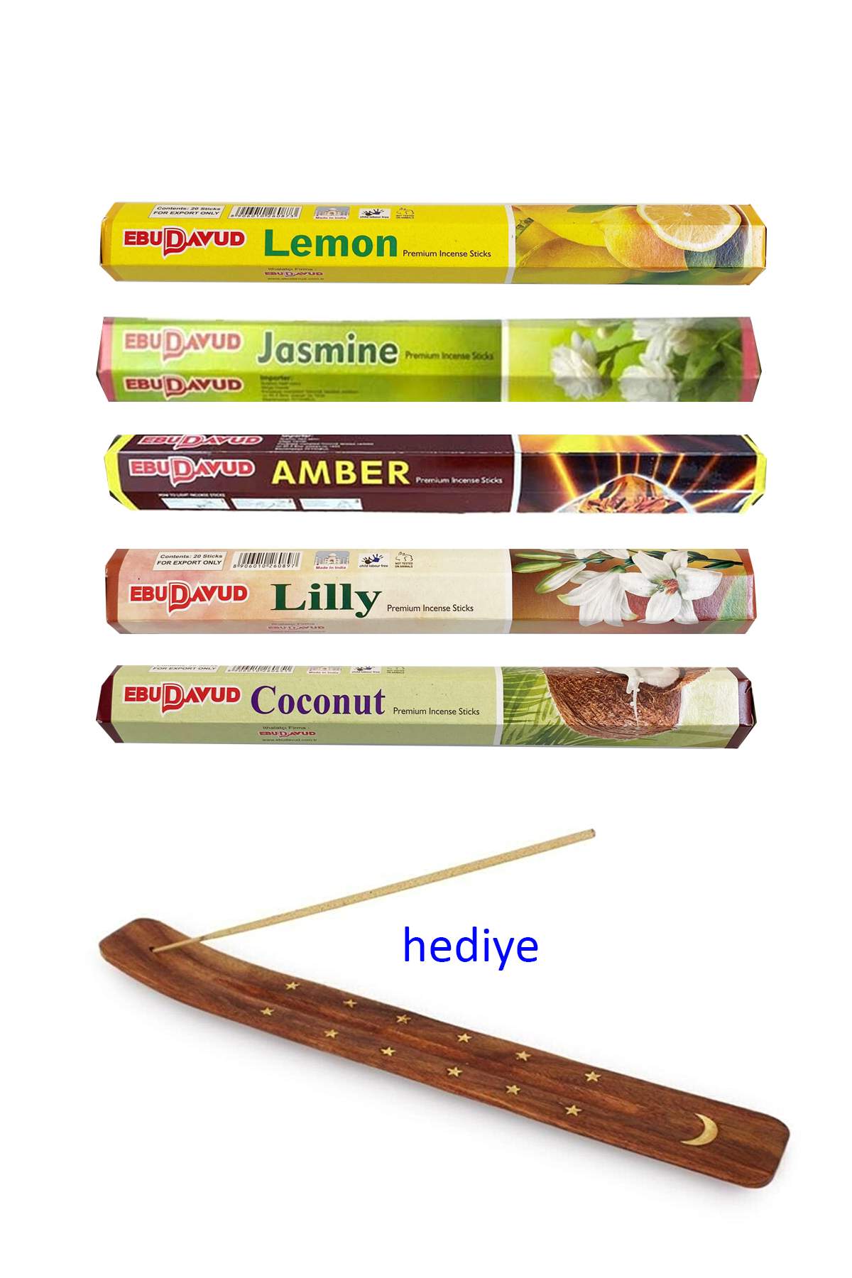 5 Paket 20 Çubuklu Tütsü Lemon - Amber - Lilly- Jasmine - Coconut - Kayık Hediyeli - Lisinya