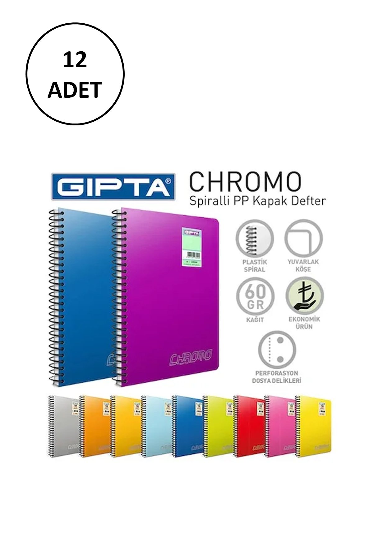 Chromo Spiralli Pp Kapak Defter A4-60 Yaprak Düz 12 Adet - Lisinya