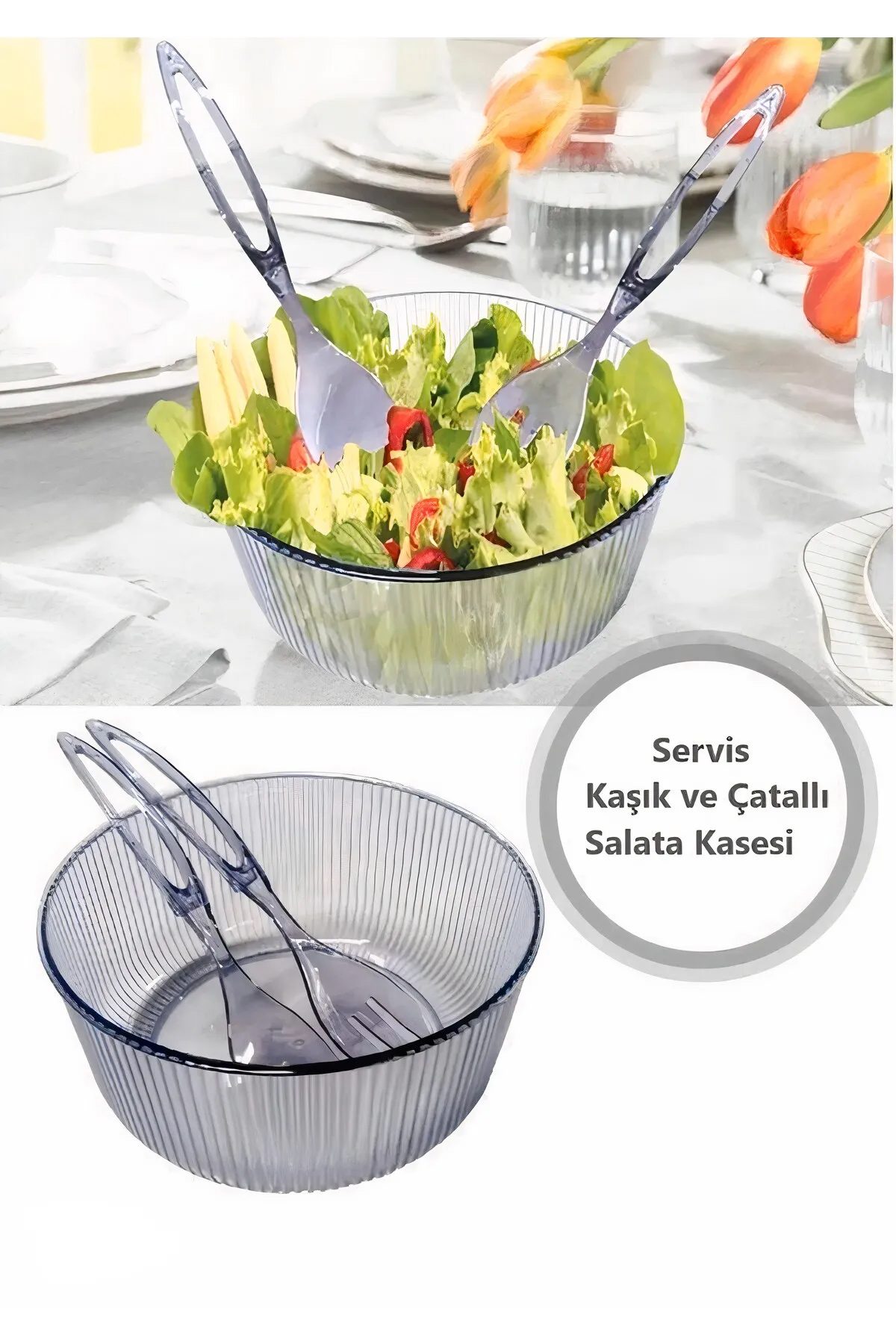 Akrilik, Yuvarlak, Servis Kaşığı ve Çatallı Salata Kasesi Servis Sunum Tabağı 23 cm - Lisinya