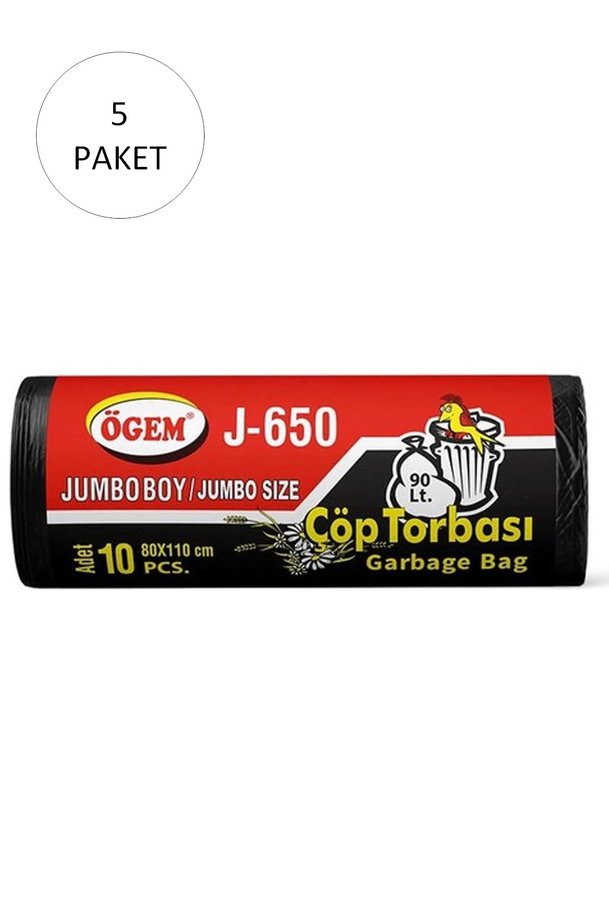 J-650 Jumbo Boy Çöp Torbası 80 x 110 cm 10 Lu Rulo x 5 Paket = 50 Adet (Siyah) - Lisinya