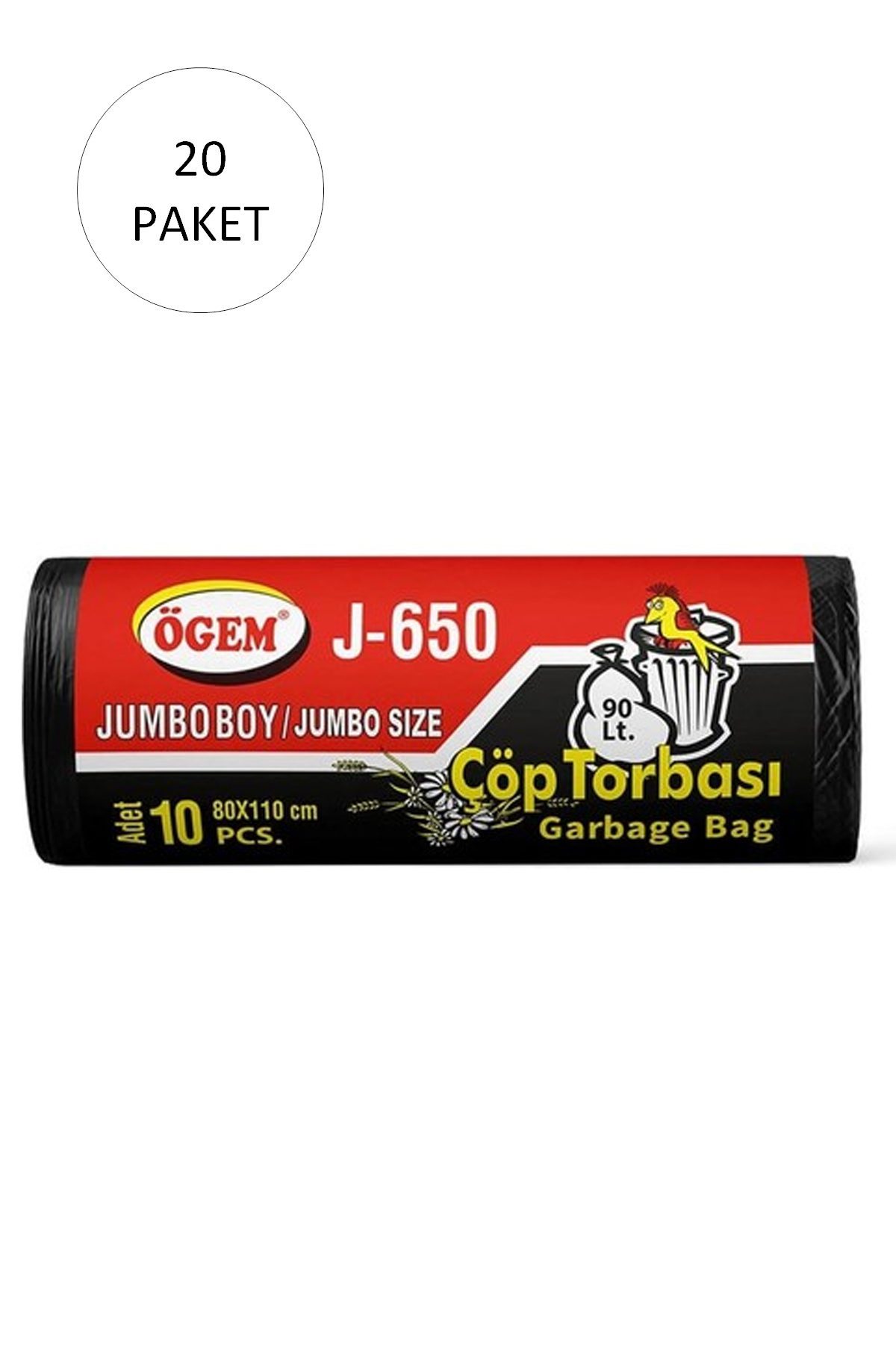 J-650 Jumbo Boy Çöp Torbası 80 x 110 cm 10 Lu Rulo x 20 Paket = 200 Adet (Siyah) - Lisinya