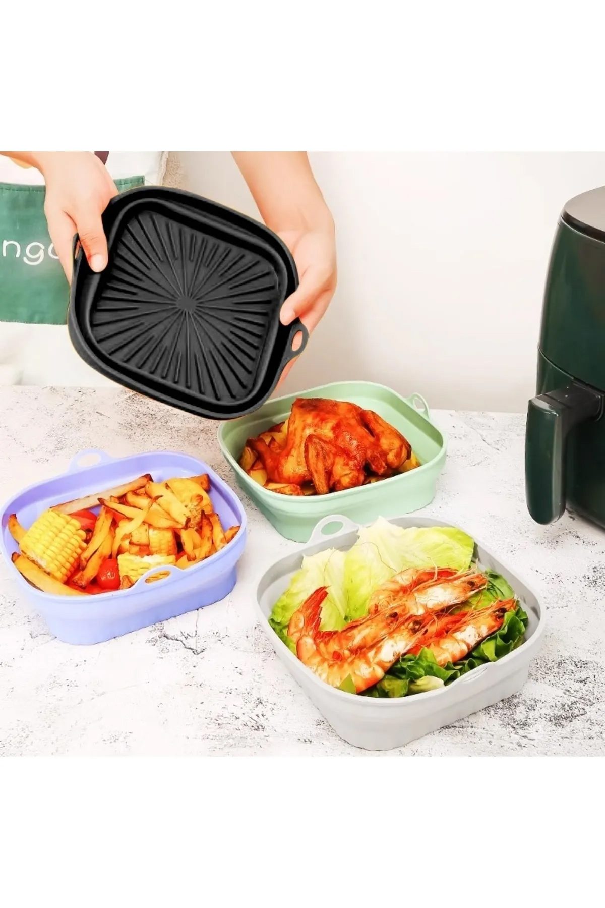 Katlanabilir Silikon Yanmaz - Yıkanabilir Kare Airfryer Kalıbı 21 Cm - Lisinya