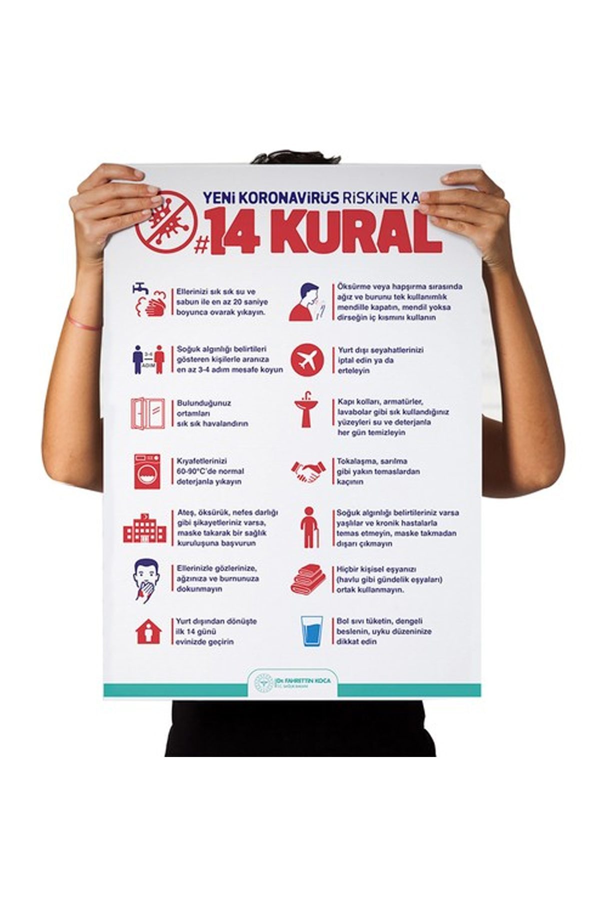 Koronavirüse Karşı 14 Kural Afişi Kendinden Yapışkanlı Folyo 35X50 - Lisinya