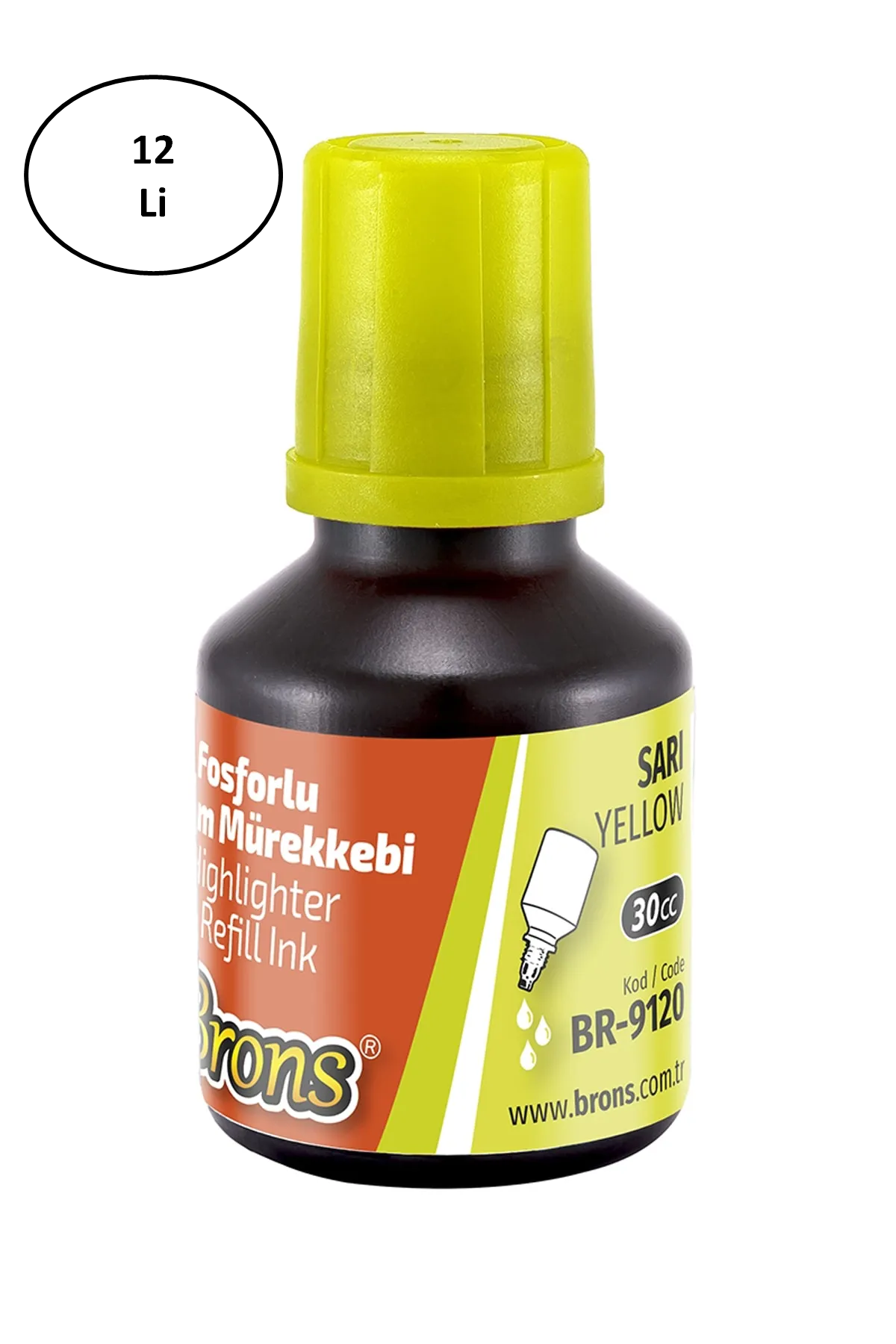 Brons Sarı Fosforlu Kalem Mürekkebi 30 ml Sarı 12'li - Lisinya