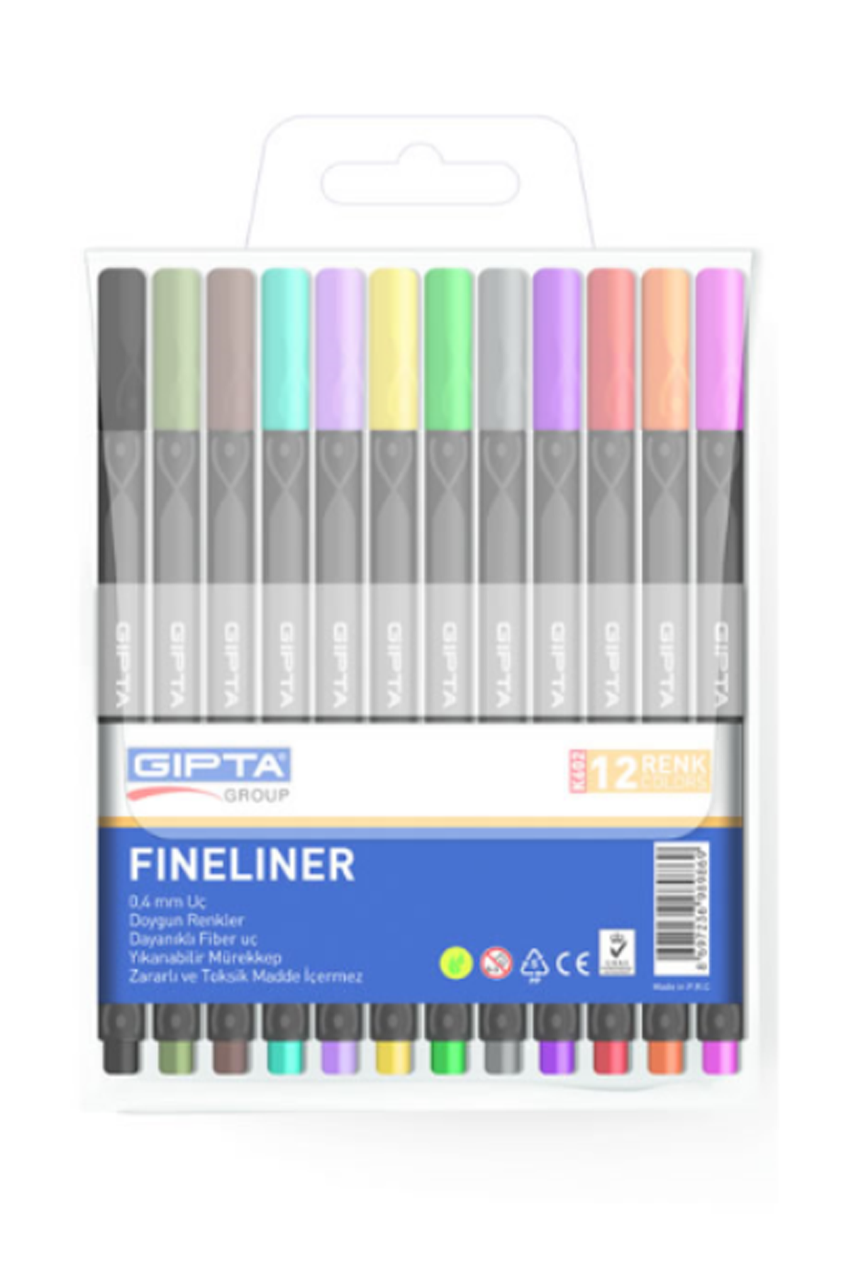 Gıpta Fineliner Kalem 0.4mm Pvc Blister Üçgen 12 Renk - Lisinya