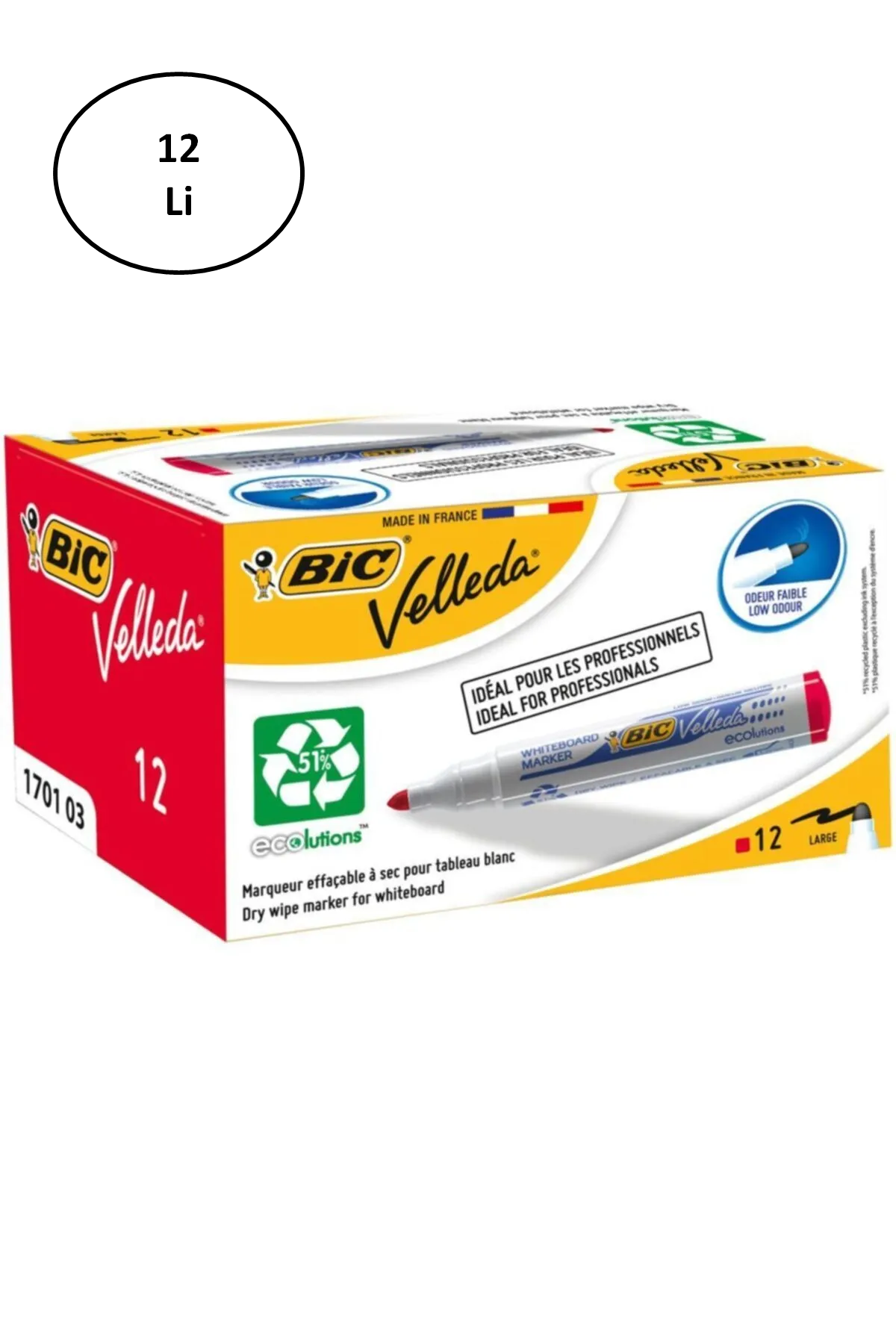 Bic Velleda 1701 Eco Yuvarlak Uç Beyaz Tahta Kalemi Kırmızı (12 Li Kutu) - Lisinya