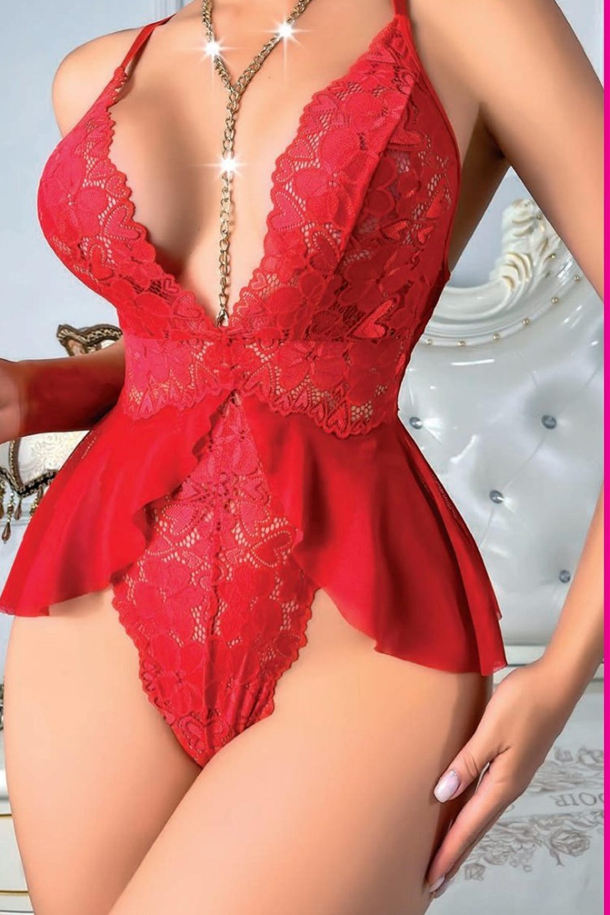 Kadın Kırmızı Zincir Detaylı Bodysuit 3597 - Lisinya