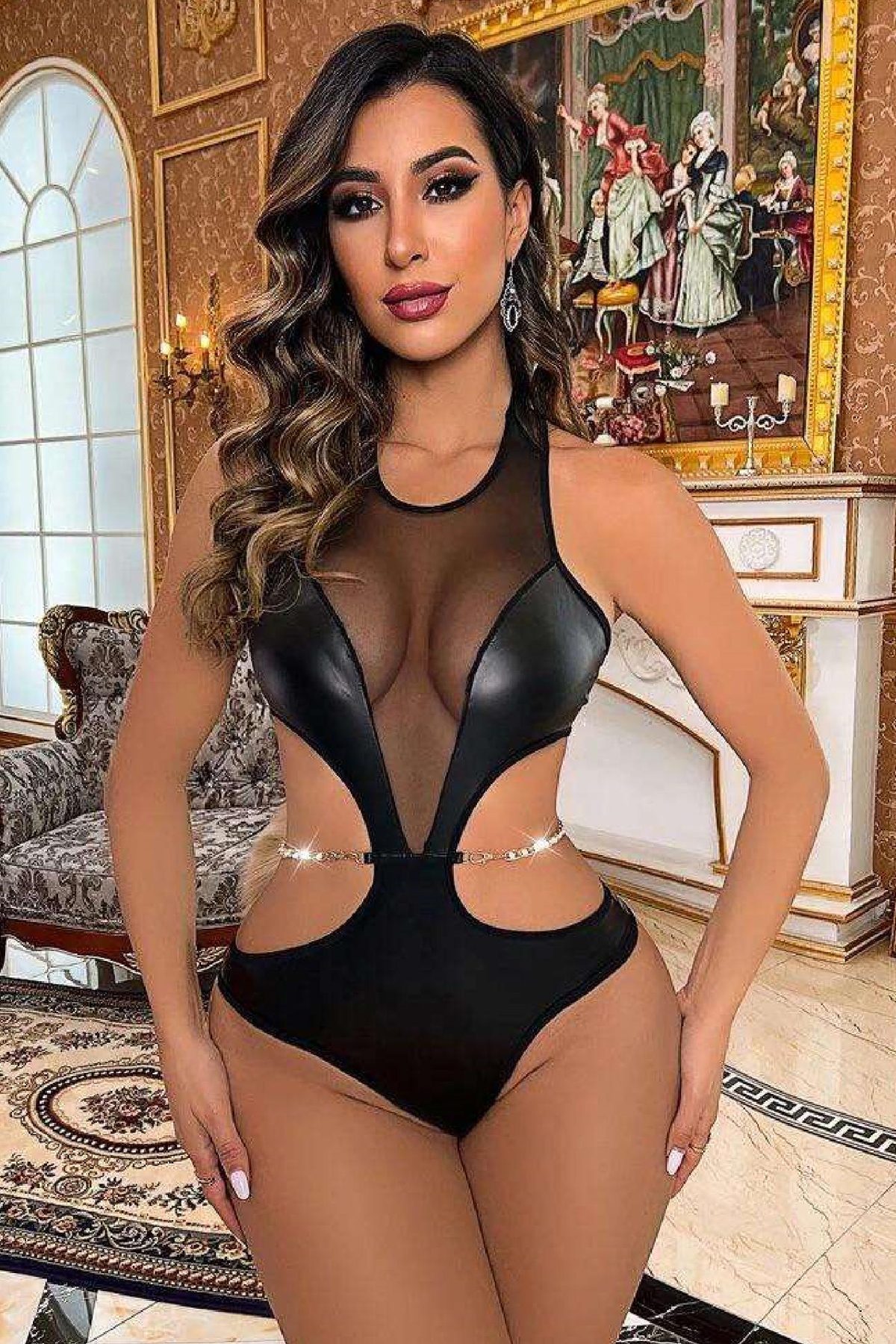 Kadın Babydoll Fantezi Harness Erotik  Kıyafet 2041 Siyah - Lisinya - Lisinya