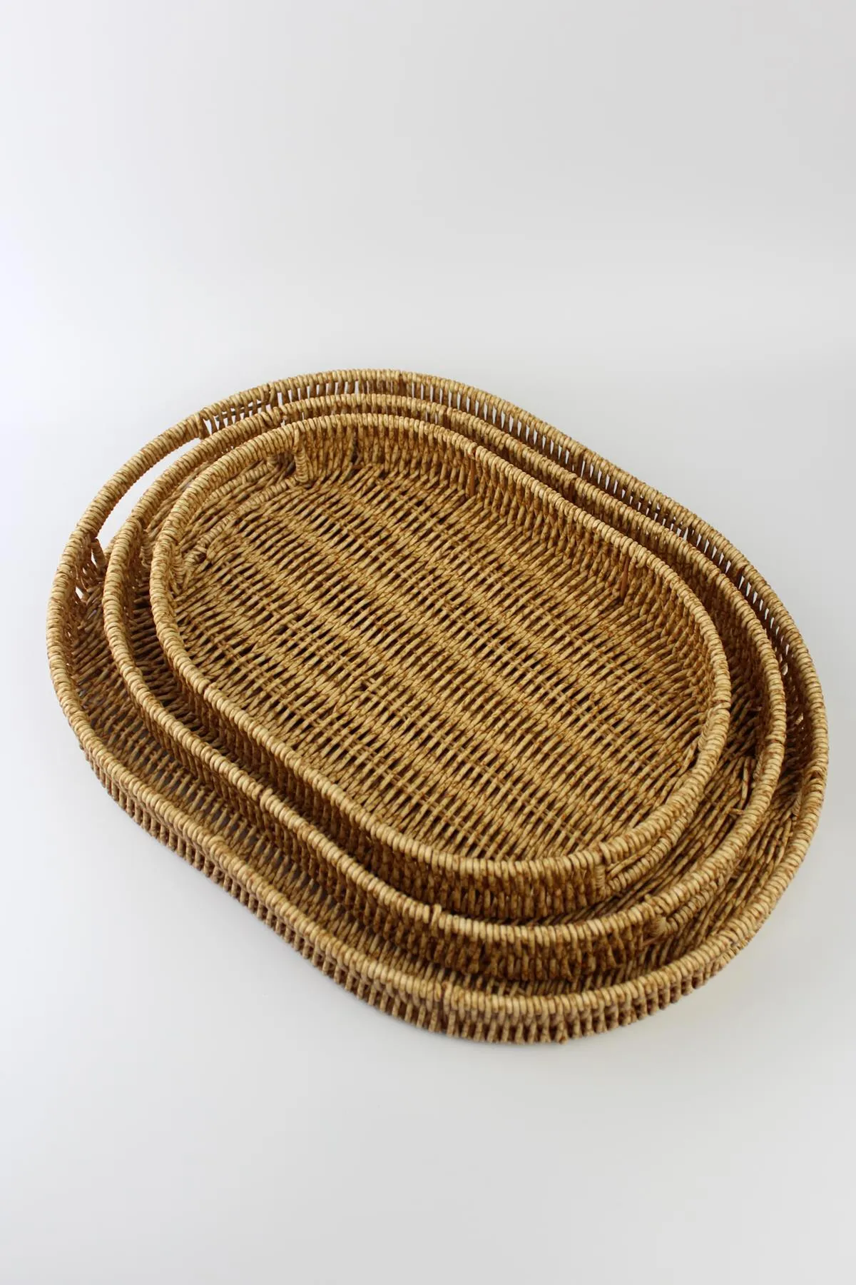 3 lü Rattan Tepsi Dekoratif Tepsi Hasır Örme Tepsi Oval Krem Lisinya-Alg11331 - Lisinya