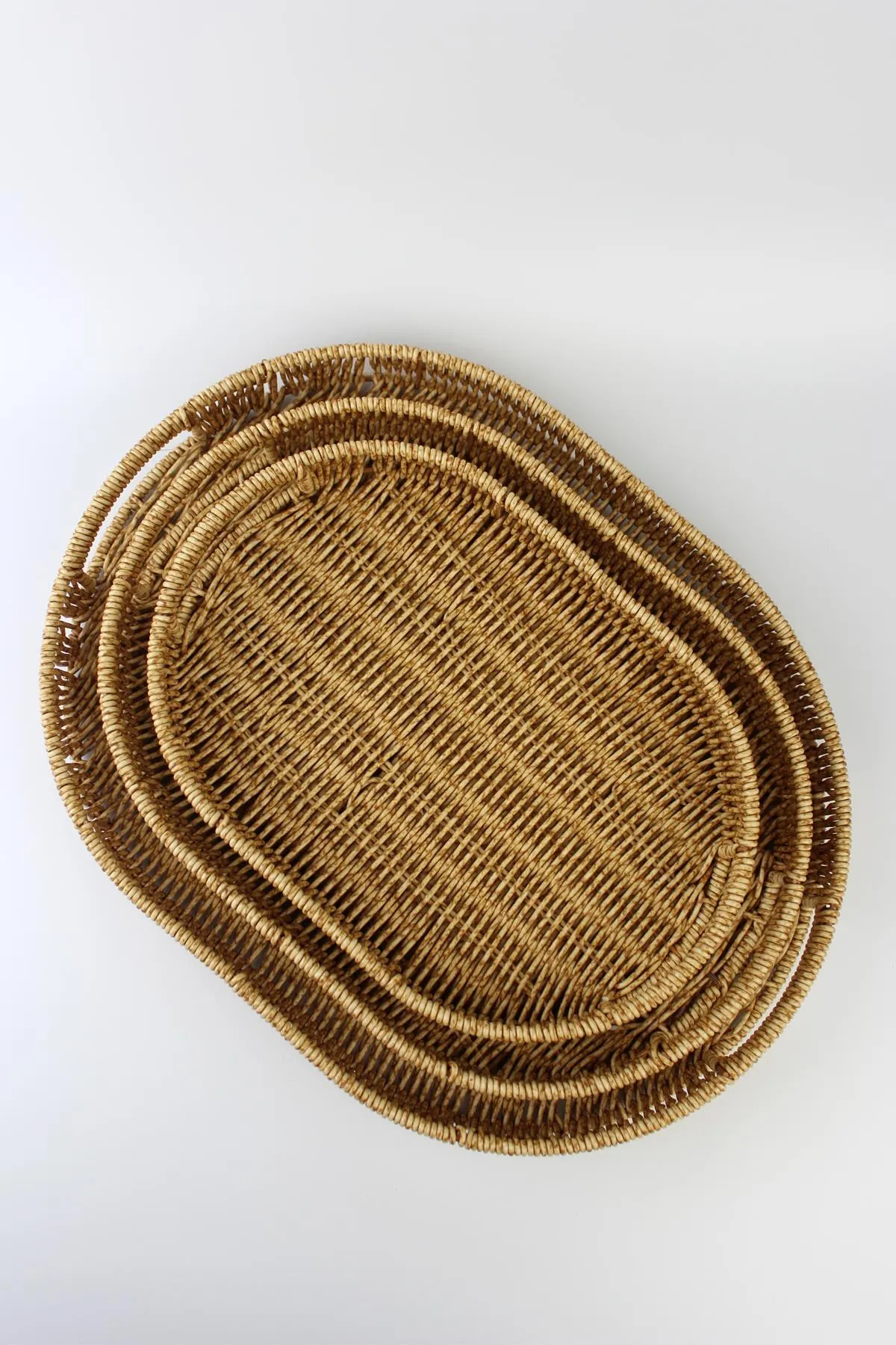 3 lü Rattan Tepsi Dekoratif Tepsi Hasır Örme Tepsi Oval Krem Lisinya-Alg11331 - Lisinya