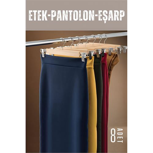 Lisinya Etek Pantolon Eşarp Kıskaçlı Askı 8 Adet Ahşap - Lisinya