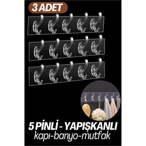 Lisinya 5 Pinli Yapışkanlı Askı Xenoty Design 3 lü SET - Lisinya