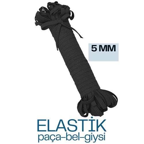 Lisinya 40 METRE  Yassı Bel Paça Giysi Lastiği 5 mm SİYAH 720666 Toptan Paket - Lisinya