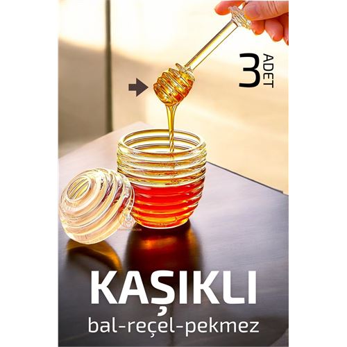 Lisinya Kaşıklı Kristal Bal Kavanozu Reçel Pekmez Sos Kavanozu 3 adet - Lisinya