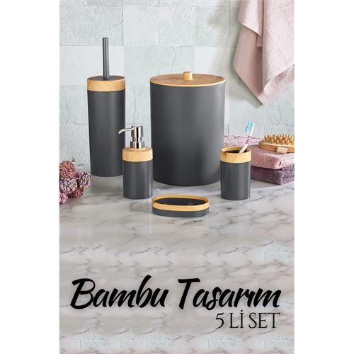 Lisinya 5 li Banyo Seti Bambu Design ANTRASİT - Lisinya