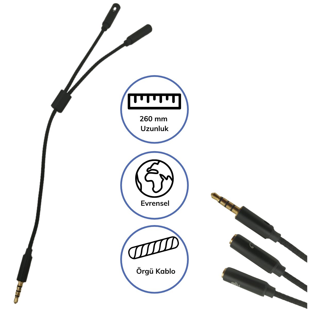 1 Erkek 2 Dişi 3.5 mm Kulaklık ve Mikrofon Ayırıcı Çoklayıcı Aux Kablo (4767) - Lisinya