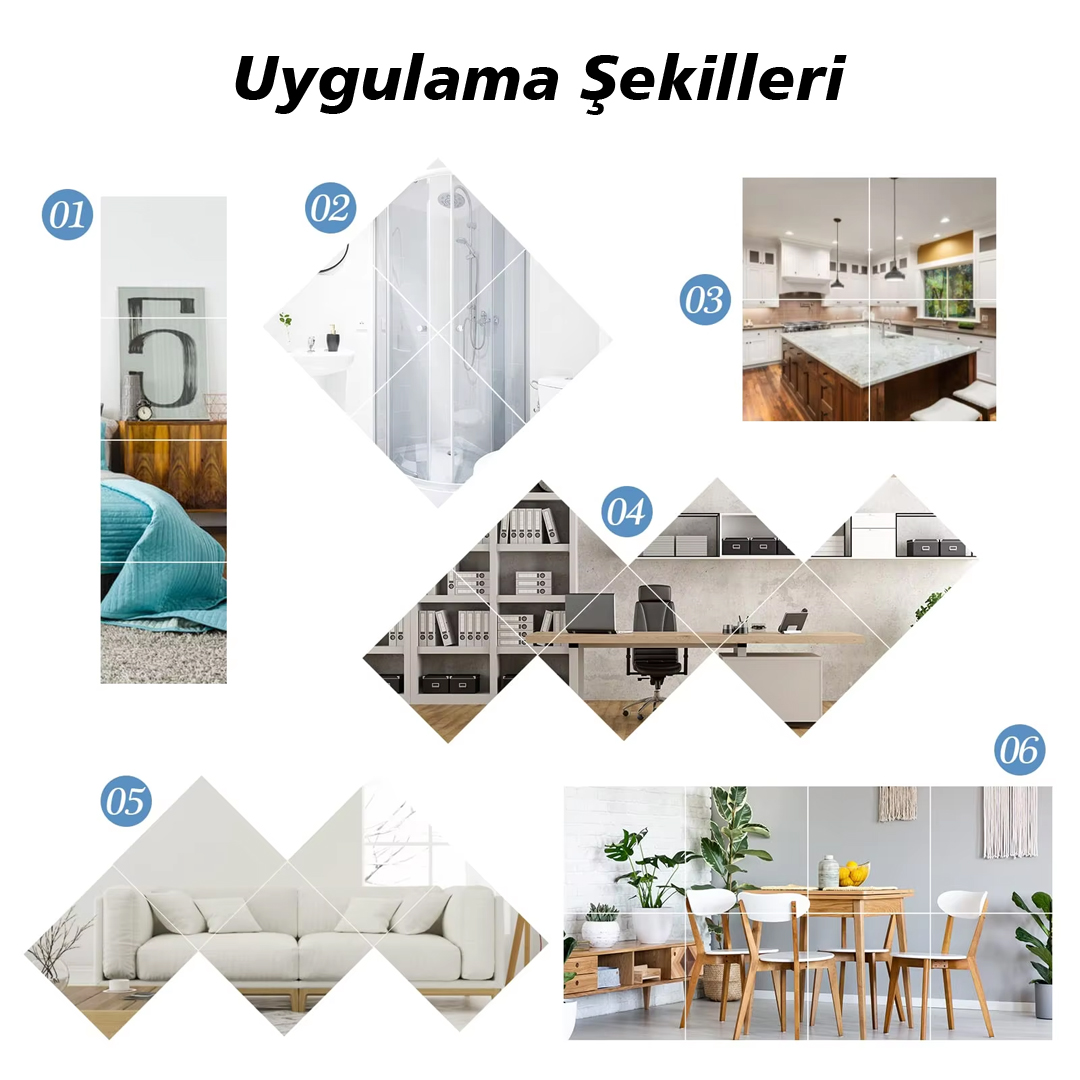 30X30CM KENDİNDEN YAPIŞKANLI ESNEK PVC DUVAR AYNASI PANEL STİCKER ÇIKARTMA (4767) - Lisinya