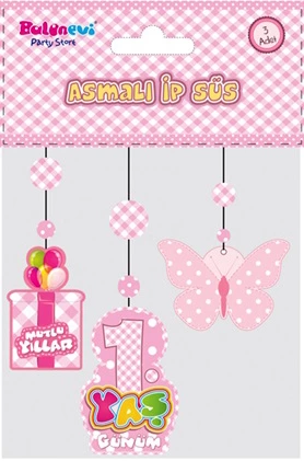 1 Yaş Temalı Asmalı İp Süs Pembe Renk 3 Lü Set 12x45 Cm - Lisinya