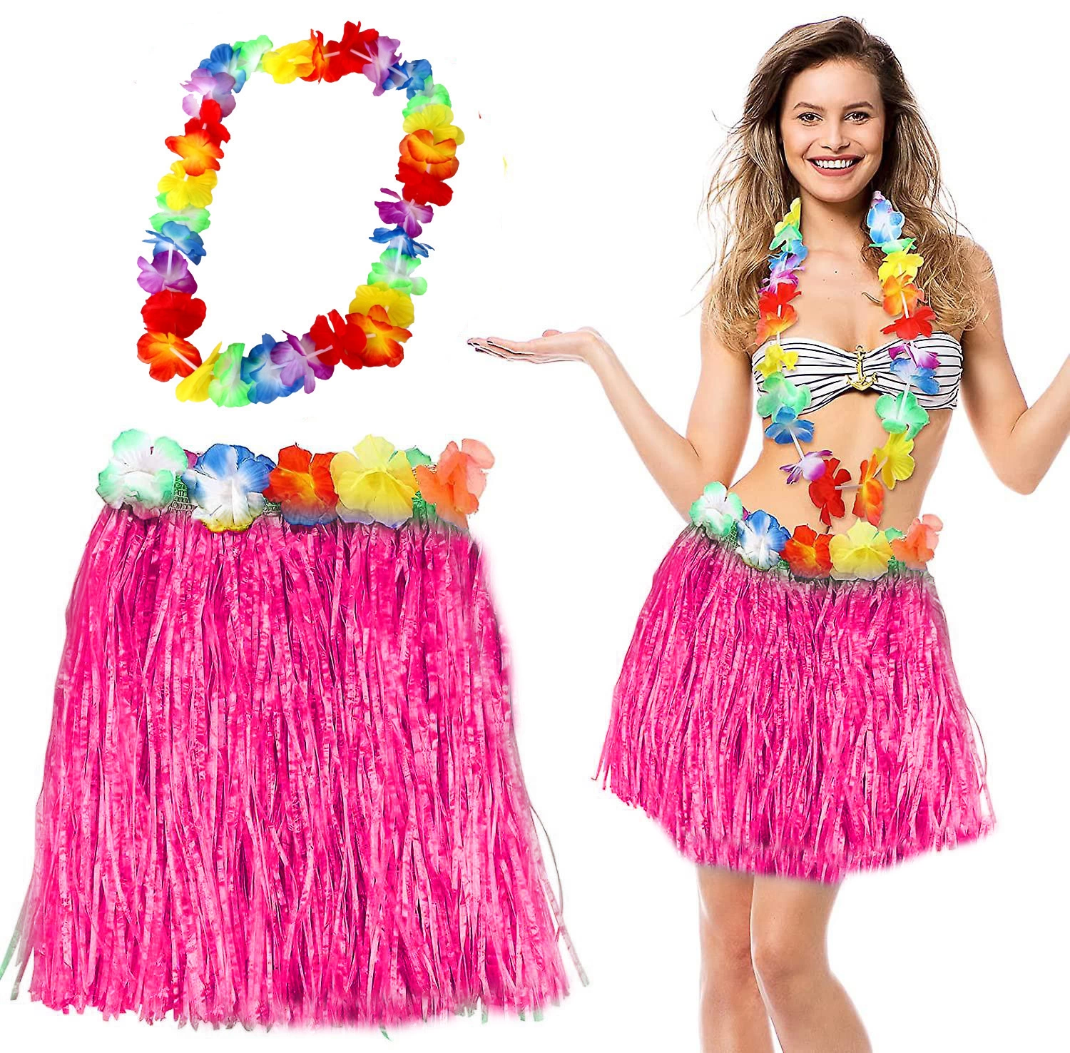 Hawaii Luau Aloha Pembe Püsküllü 40 Cm Etek Ve Hawaii Kolye Seti - Lisinya