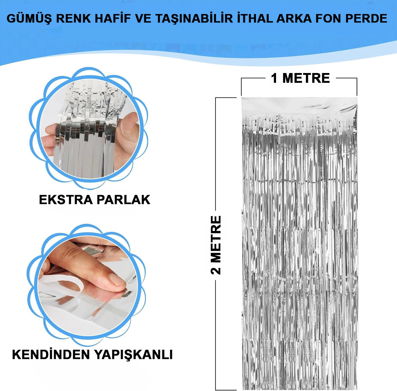 Gümüş Renk Ekstra Metalize Parlak Saçaklı Arka Fon Perde İthal A Kalite 1x2 Metre - Lisinya