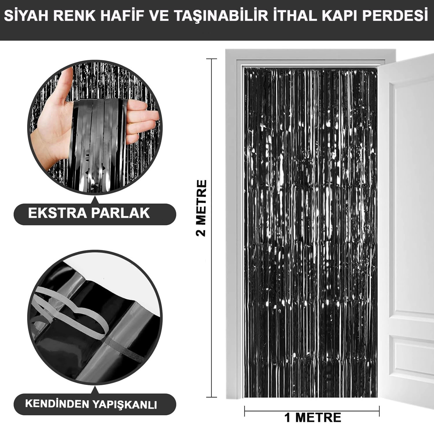 Siyah Renk Ekstra Metalize Parlak Saçaklı Arka Fon Perde İthal A Kalite 1x2 Metre - Lisinya