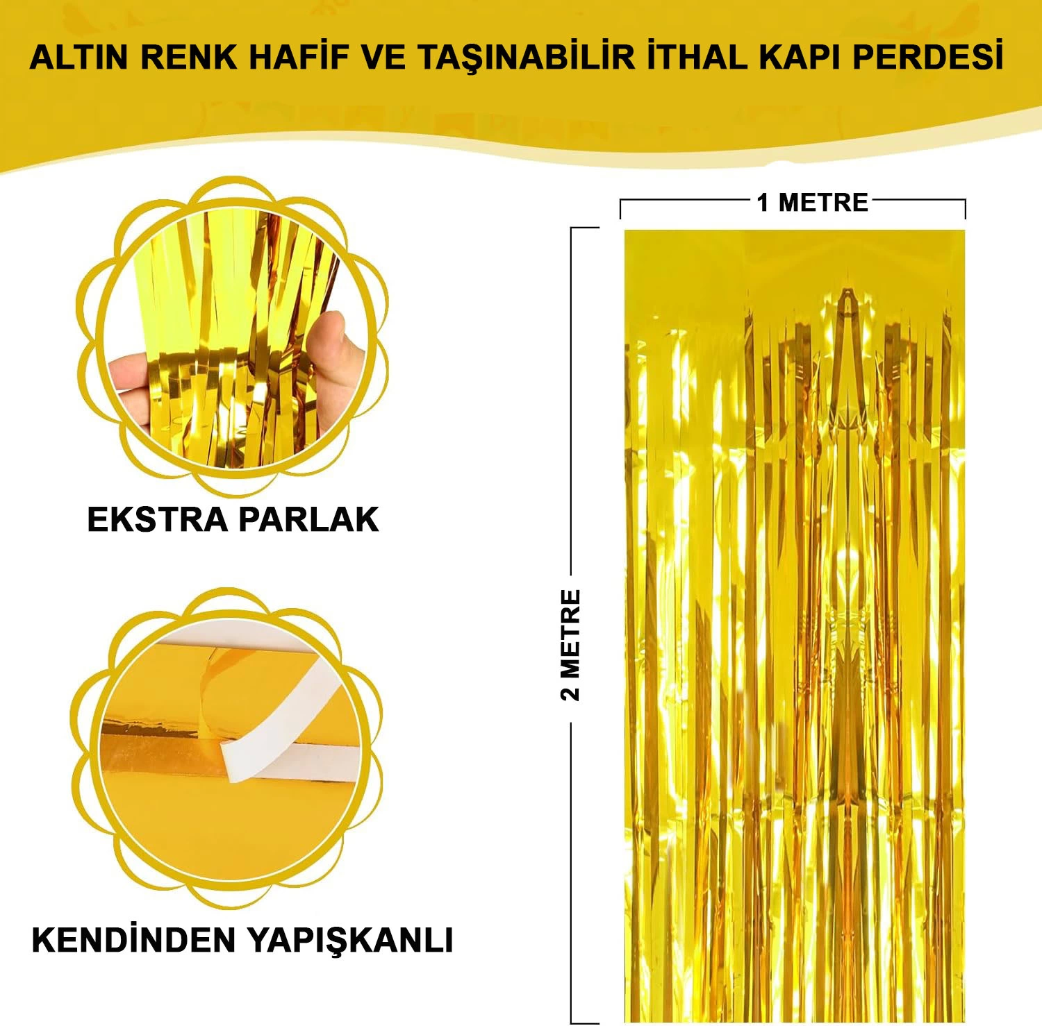 Altın Gold Renk Ekstra Metalize Parlak Saçaklı Arka Fon Perde İthal A Kalite 1x2 Metre - Lisinya