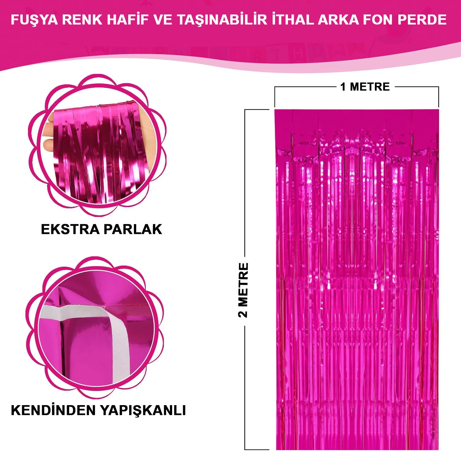 Fuşya Renk Ekstra Metalize Parlak Saçaklı Arka Fon Perde İthal A Kalite 1x2 Metre - Lisinya