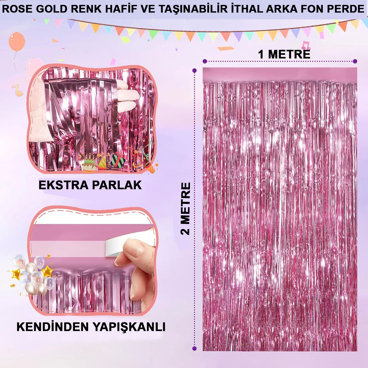 Rose Gold Renk Ekstra Metalize Parlak Saçaklı Arka Fon Perde İthal A Kalite 1x2 Metre - Lisinya