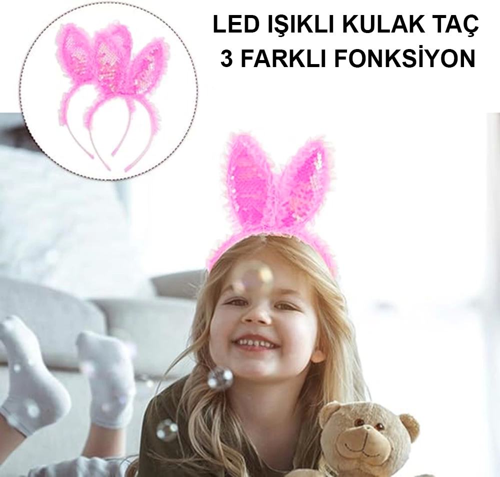 Kenarları Dantelli Fuşya Pullu Payetli Led Işıklı Tavşan Kulak Taç 23x19 Cm - Lisinya