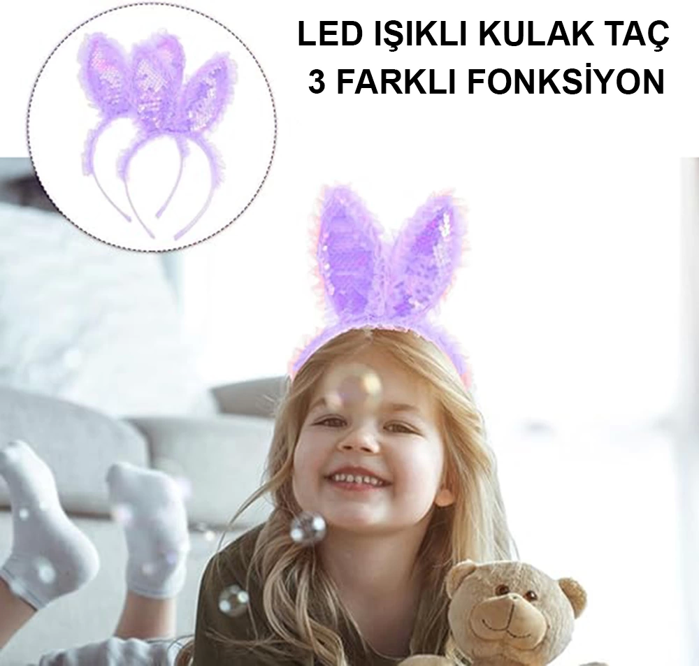 Kenarları Dantelli Mor Pullu Payetli Led Işıklı Tavşan Kulak Taç 23x19 Cm - Lisinya