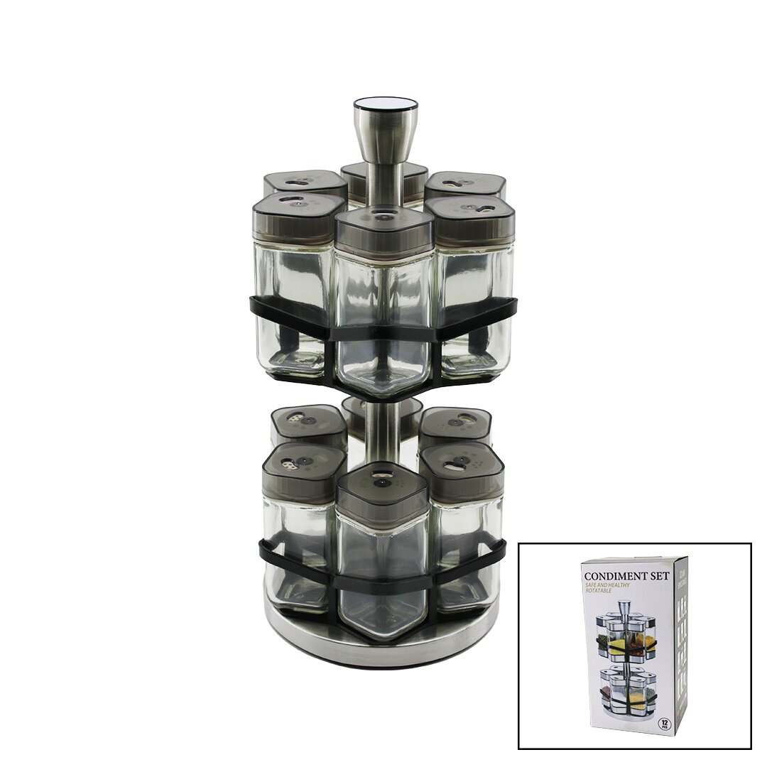 12PCS   KARE  CAM - PLASTİK KAPAK TUZLUK - BAHARATLIK  DÖNER STANDLI (4767) - Lisinya