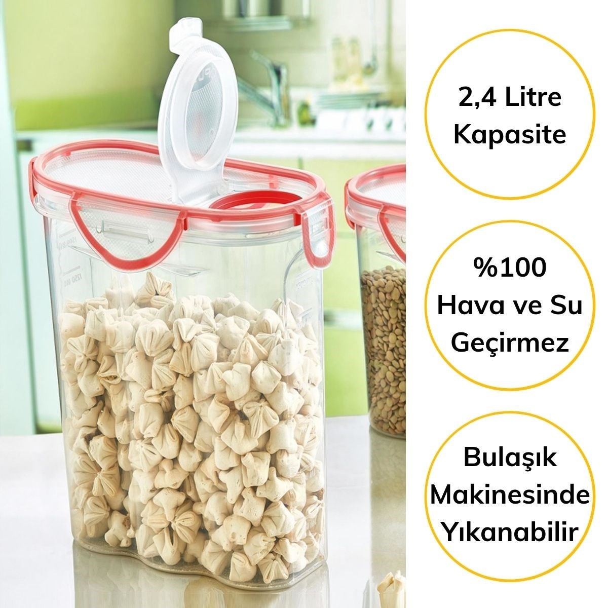 Kilitli Kapaklı Contalı Hava,Su Sıvı Geçirmez 2,4 Litre Erzak Saklama Kabı-SA590 (4767) - Lisinya