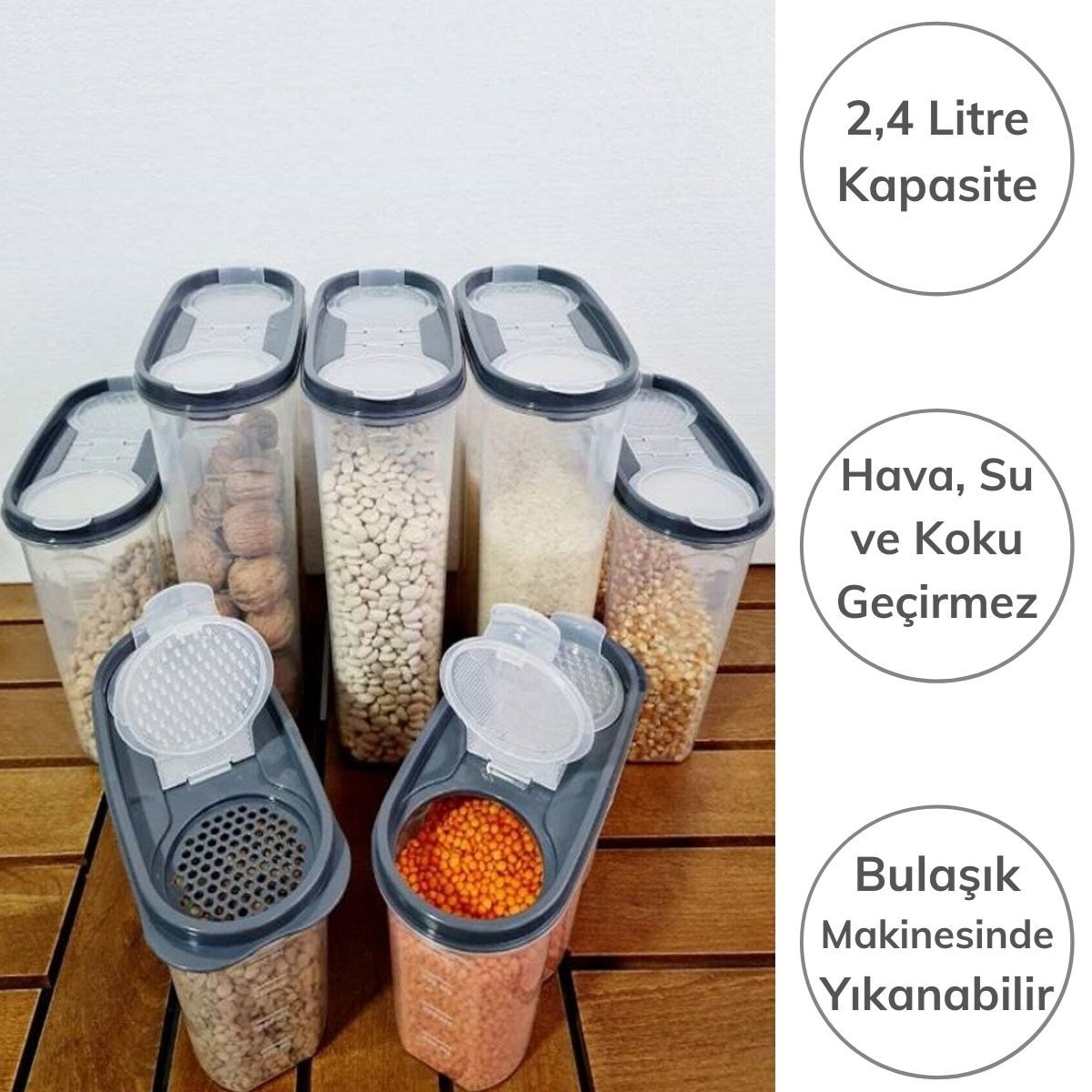 2 Kapaklı Ölçekli Erzak Kuru Gıda Saklama Kutusu Kabı 2,4 Litre-SA940 (4767) - Lisinya