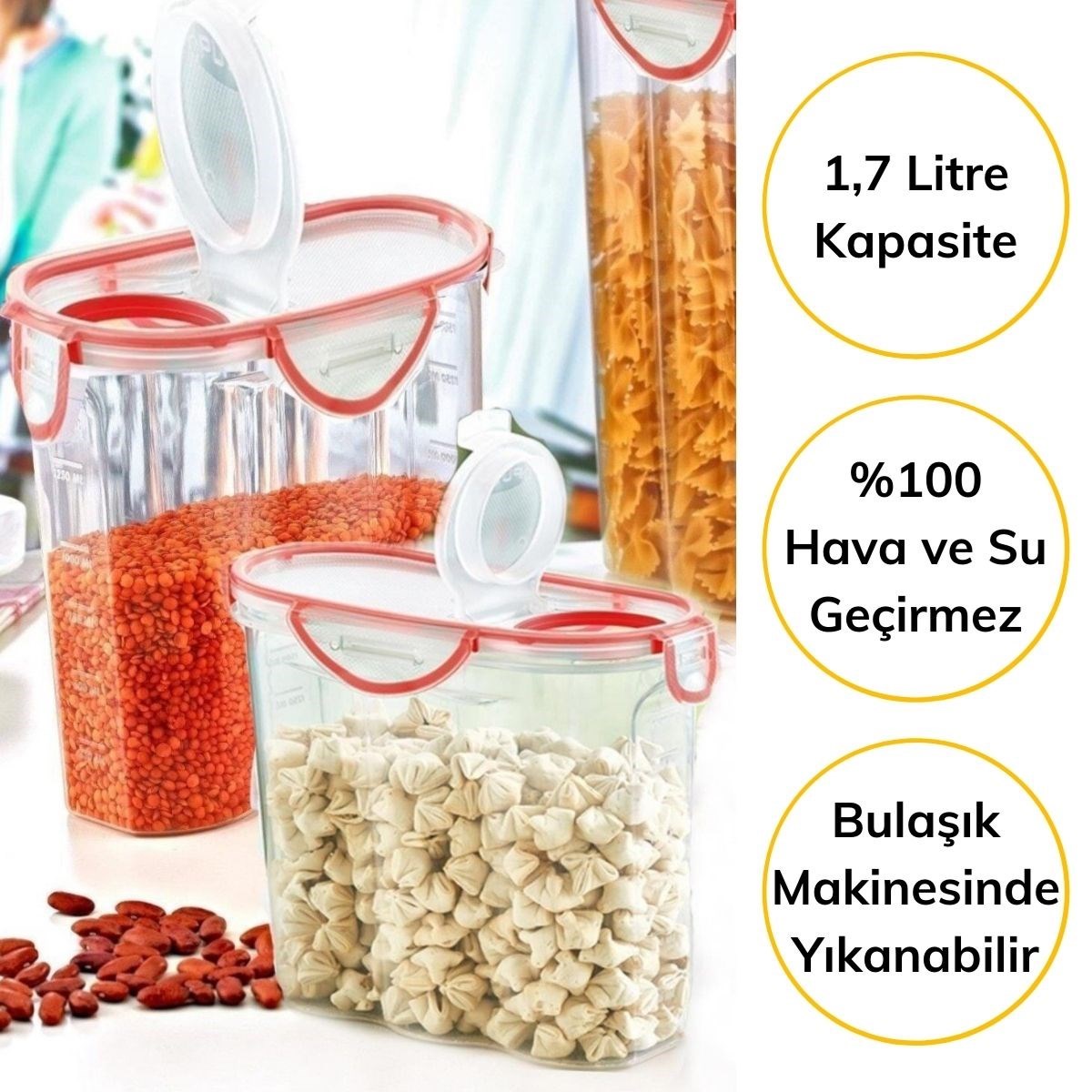 Kilitli Kapaklı Contalı Hava,Su Sıvı Geçirmez 1,7 Litre Erzak Saklama Kabı-SA585 (4767) - Lisinya