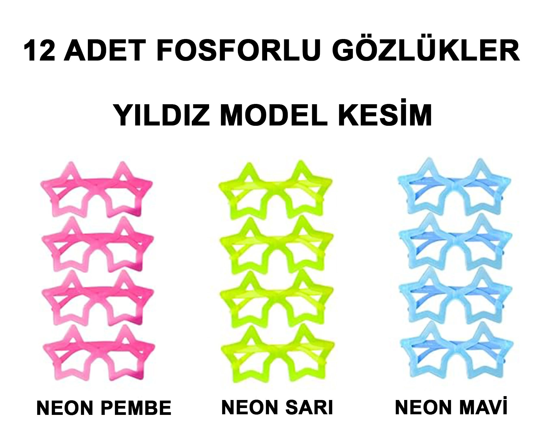 Fosforlu Yıldız Model Glow Parti Gözlüğü Karanlıkta Yanan Gözlükler 12 Adet - Lisinya