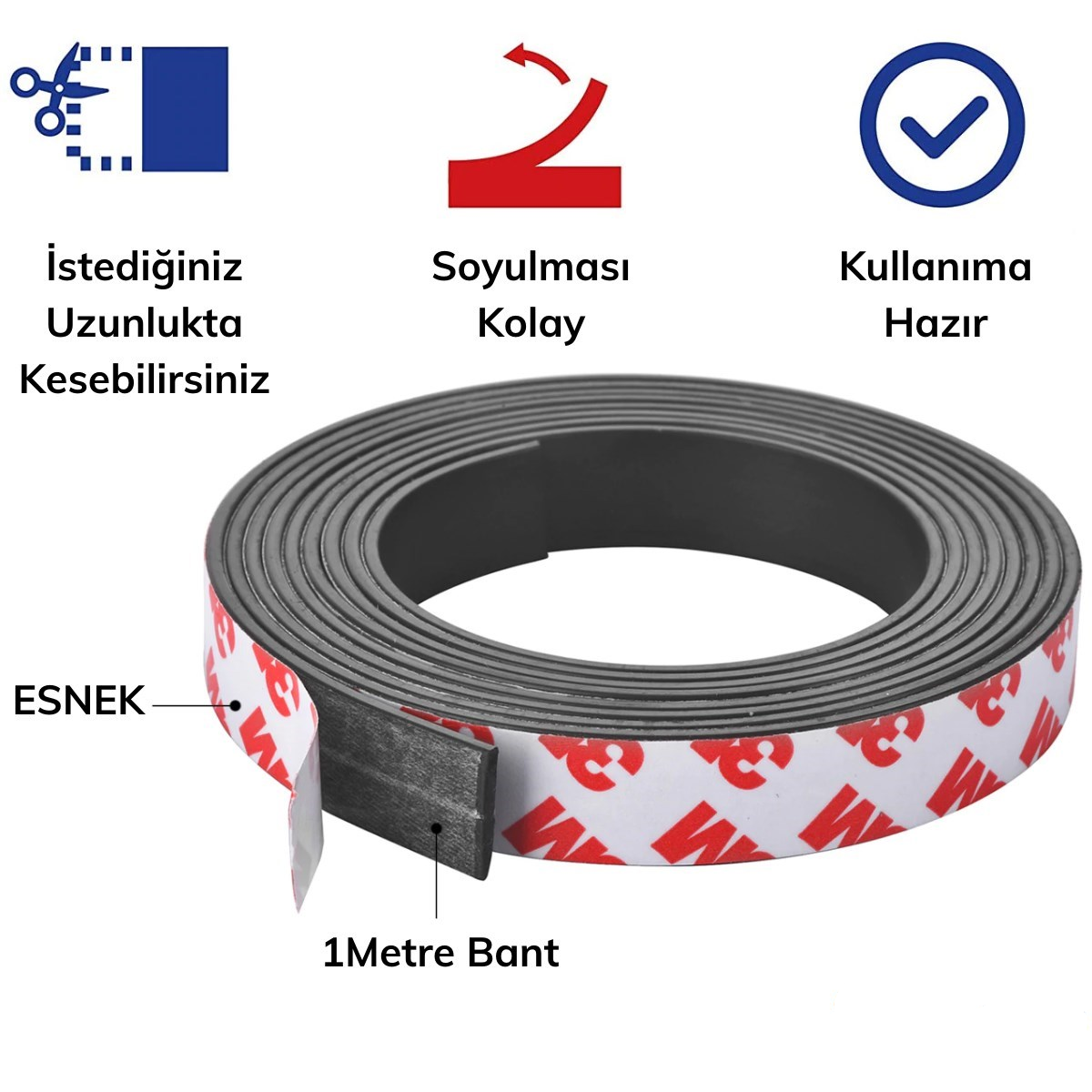 Yapışkanlı Şerit Mıknatıs Magnet Kes Kullan Güçlü Sağlam Rulo Çıkarılması Kolay Siyah 2cm x 1 mt (4767) - Lisinya