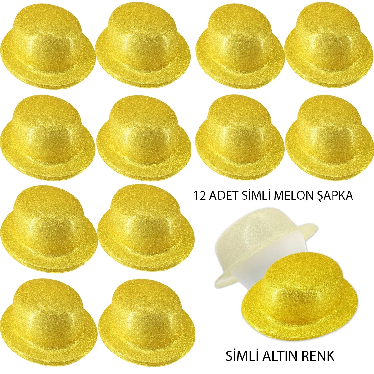 Altın Renk Simli Melon Yuvarlak Parti Şapkası 12 Adet - Lisinya